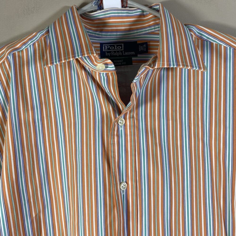 Polo Ralph Lauren Shirt Mens 17.5 34/35 Orange Striped Button Up Regent